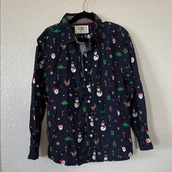 Free Planet Navy Holiday Print Shirt - Picture 1 of 4